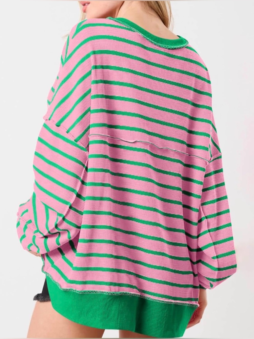 Striped Pink & Green Henley Women's Top - Picture 2 of 3